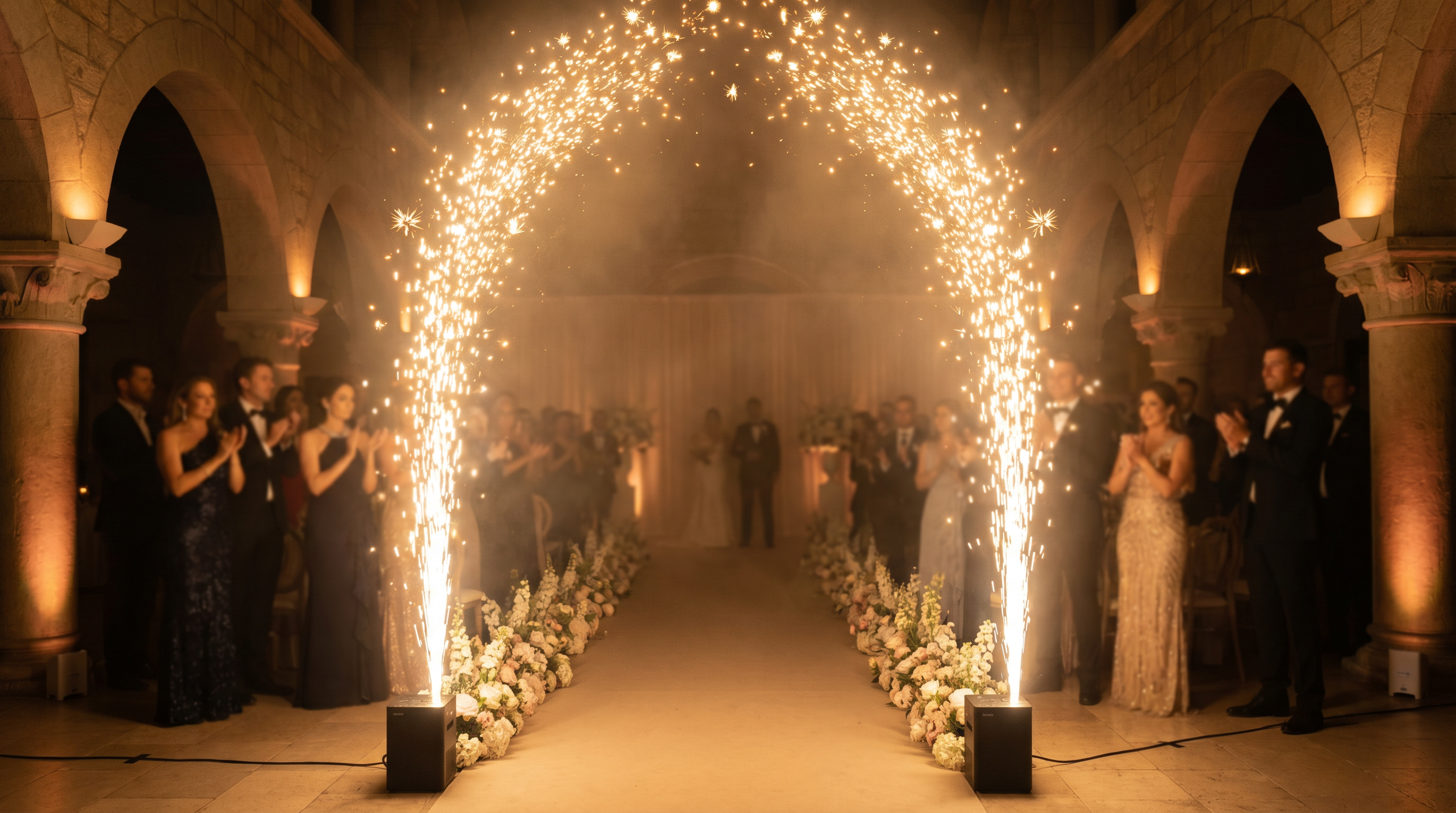 Cold spark machines creating a golden arch at a luxury wedding ceremony