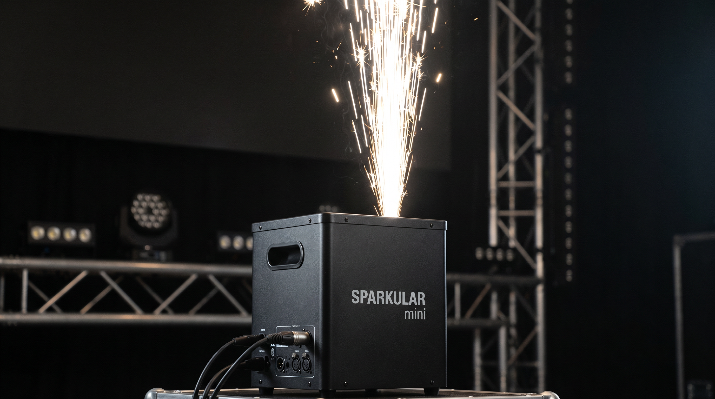 Cold spark machine producing brilliant white gold sparks on a dark stage