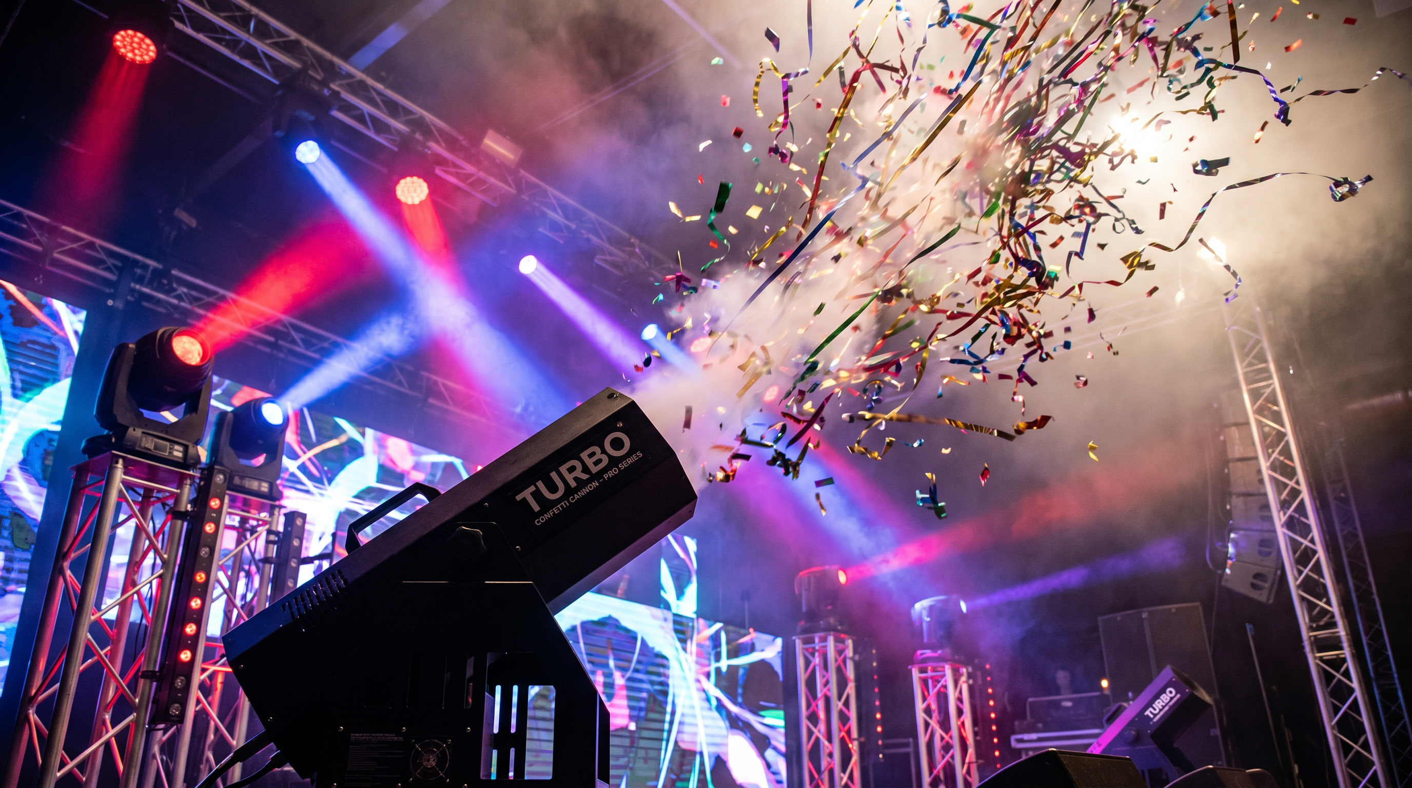 Electric confetti launcher machine firing colorful confetti on a concert stage