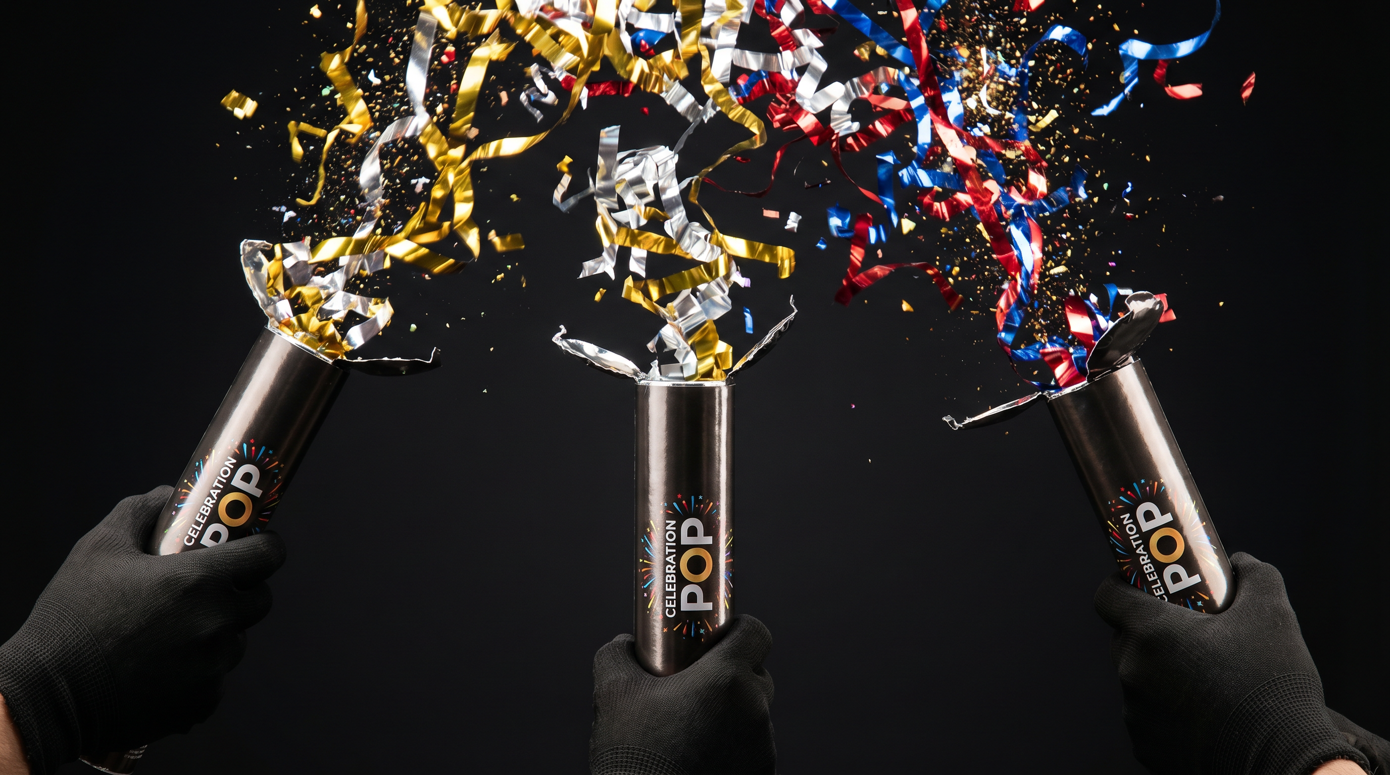 Handheld confetti cannons with metallic gold and silver confetti burst