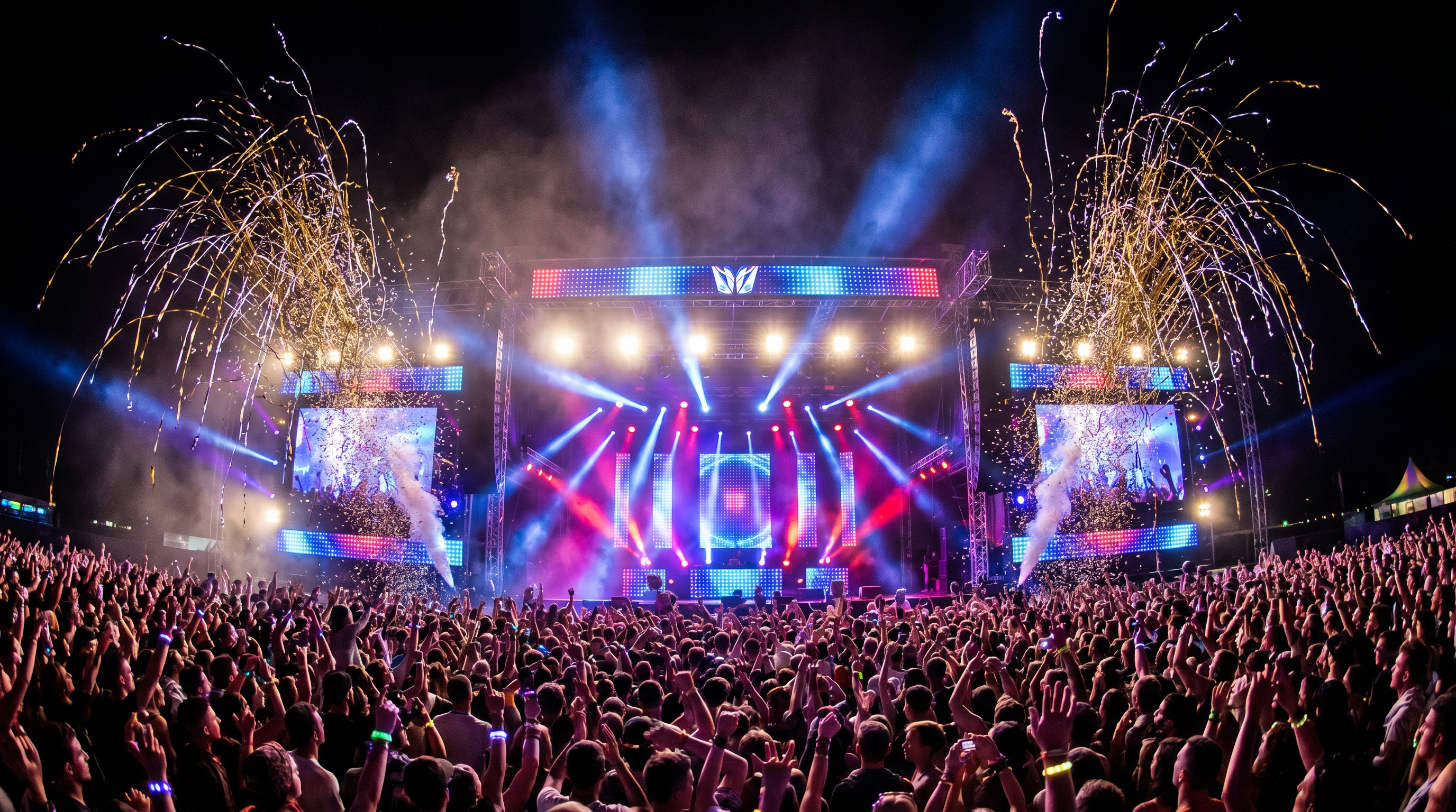 Massive concert stage with confetti cannons and a crowd of thousands