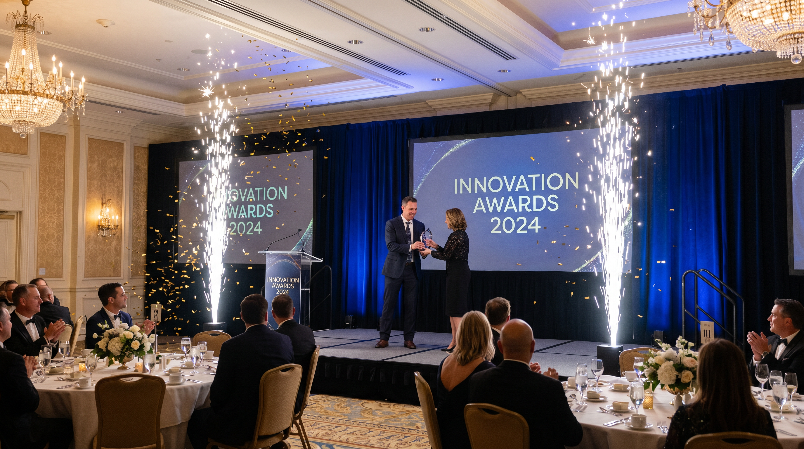 Corporate awards ceremony with cold spark machines on stage