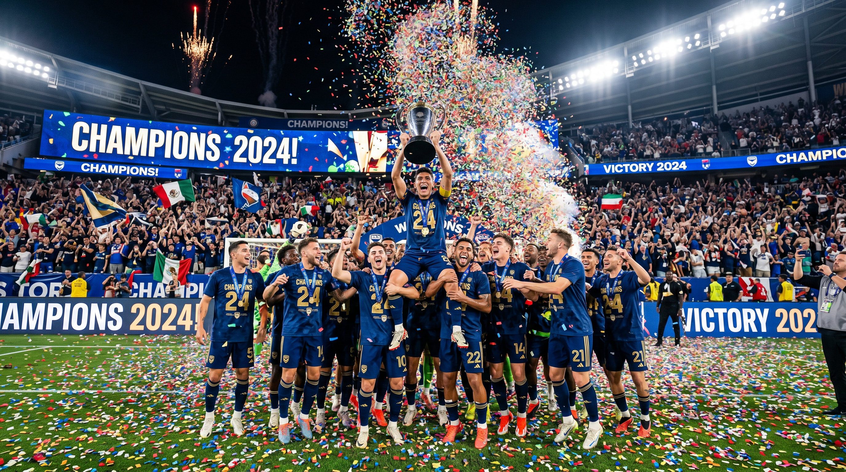 Sports stadium championship celebration with confetti raining down on champions