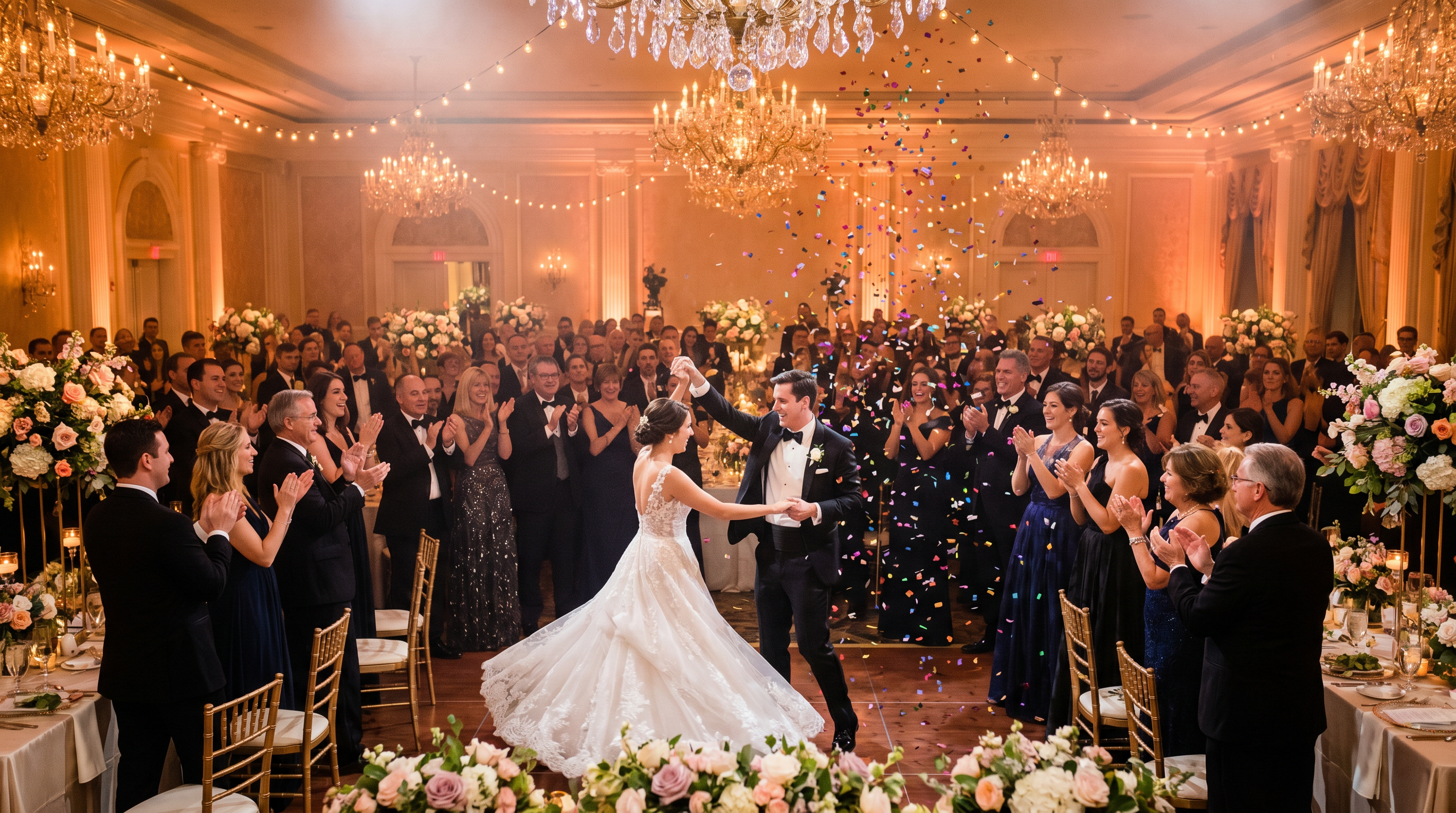 Bride and groom dancing under confetti at their wedding reception